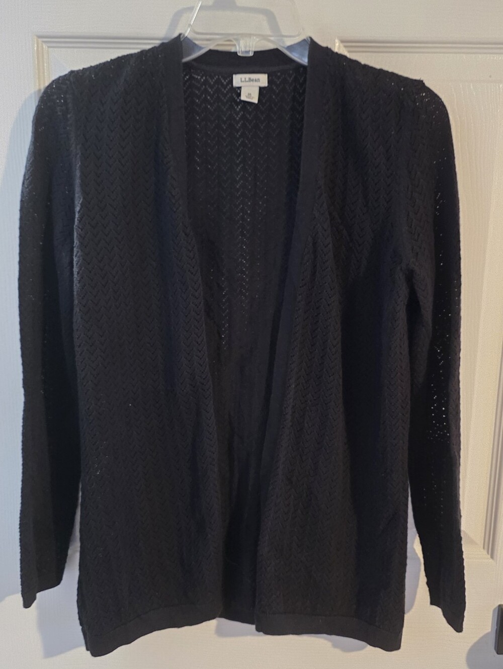 L.L. Bean open-front pointelle chevron stitch cardigan sweater in black. Size M